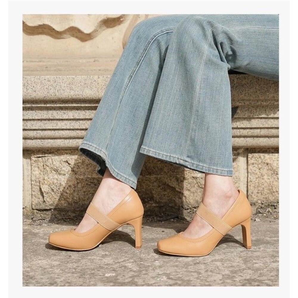 Benassal Womens Square Toe Mary Janes High Heels Dress Shoes - 8.5 Beige Tan New - Picture 4 of 17